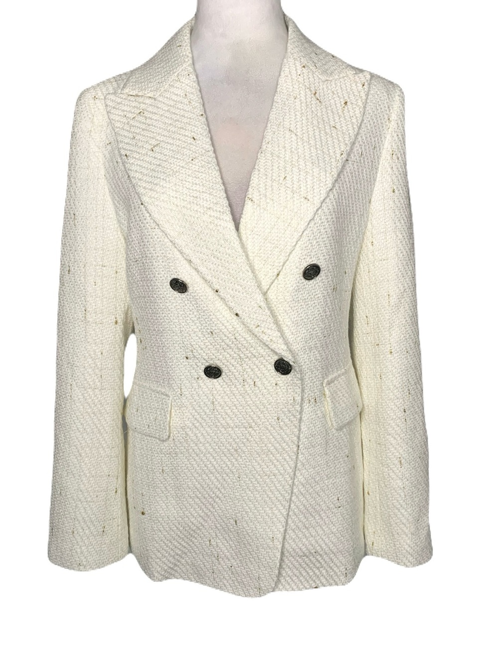 Mina Self Small Cream and Gold Metallic Fleck Tweed Double Breasted Blazer